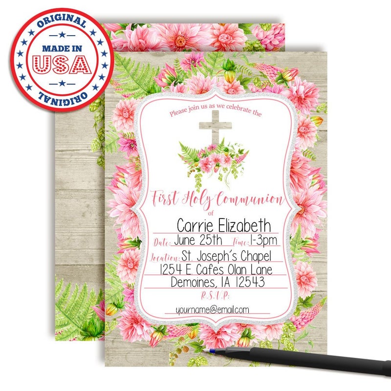 Amanda Creation Watercolor Pink Dahlia First Holy Communion Religious Party Invitations with Wood Background, 20 5x7 Fill In Cards with Twenty White Envelopes by AmandaCreation - Image 3